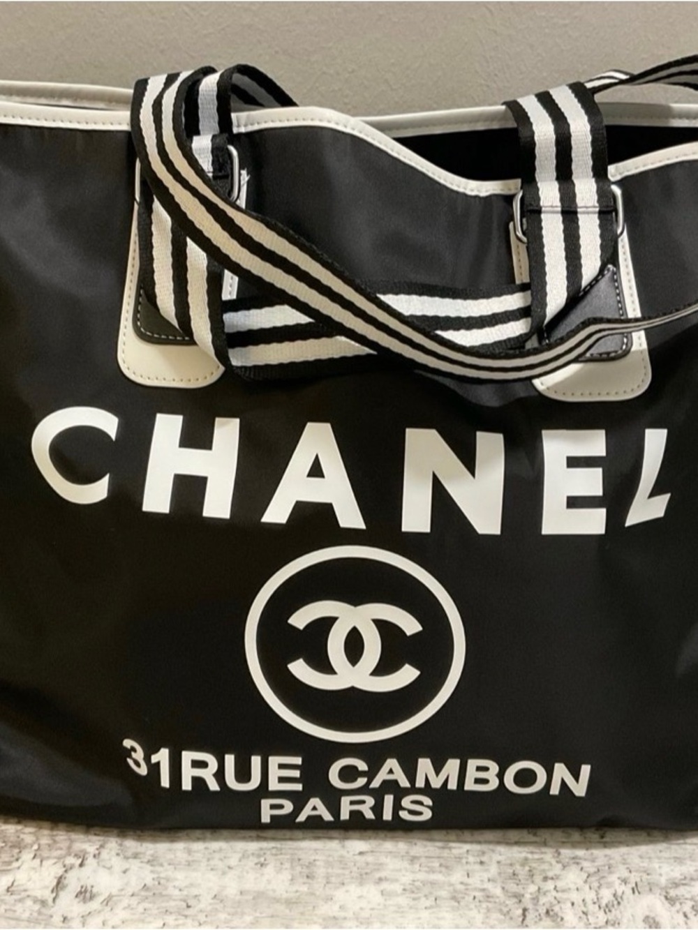 CHANEL Black and White Logo Tote with Striped Handles